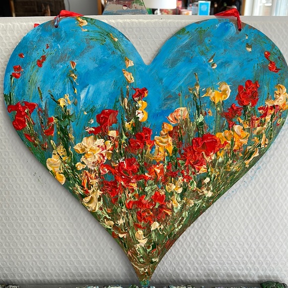 Other - GIFT  IDEA LARGE HAND PAINTED FLORAL HEART HEAVILY TEXTURIZED IMPASTO STYLE